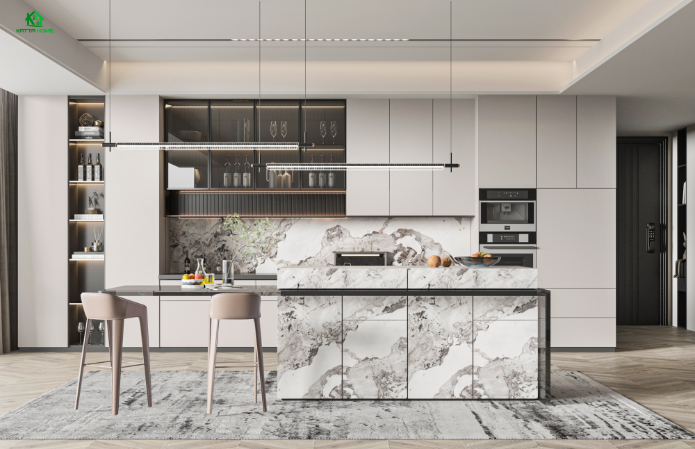 Nội thất phòng bếp tôn trắng hiện đại